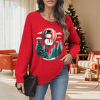 Women's Red Christmas Sweater - Festive Cartoon Patterns, Cozy Knit for Holiday Parties & Gatherings