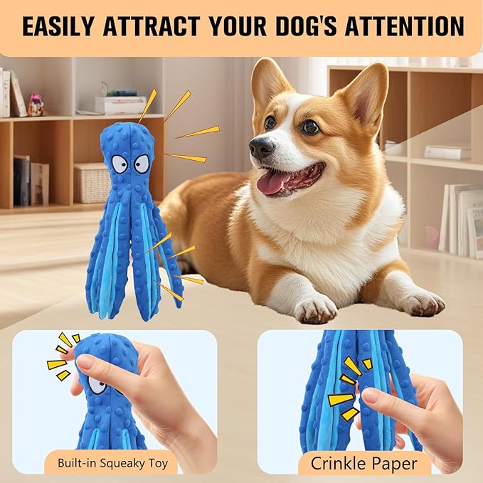 Dog Squeaky Toys Octopus, No Stuffing Plush Toys, Squeaky Octopus Dog Toy - Durable Plush for Puppies, Interactive Dogs Toys for Aggressive Chewers (Green+Blue)