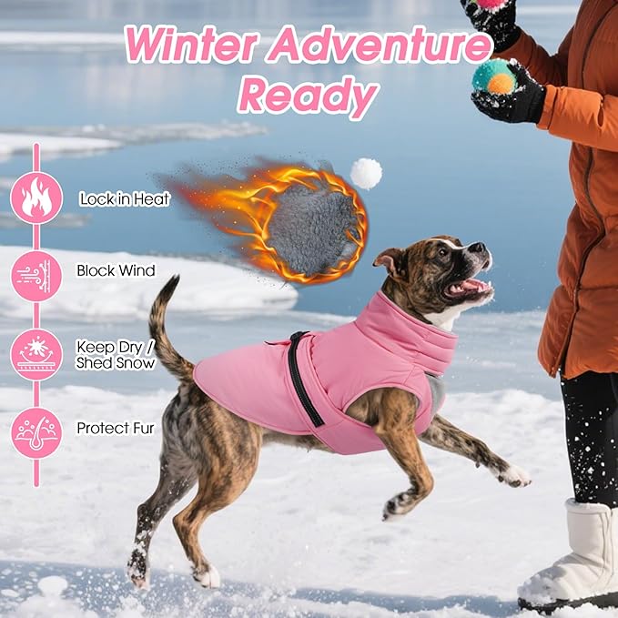 Extra Large Dog Coat, Warm Dog Winter Jacket, Waterproof Dogs Snowsuit with Foldable High Collar, Reflective Strips, Adjustable Hook & Loop Closure - Ideal for Cold Weather - Pink 5XL