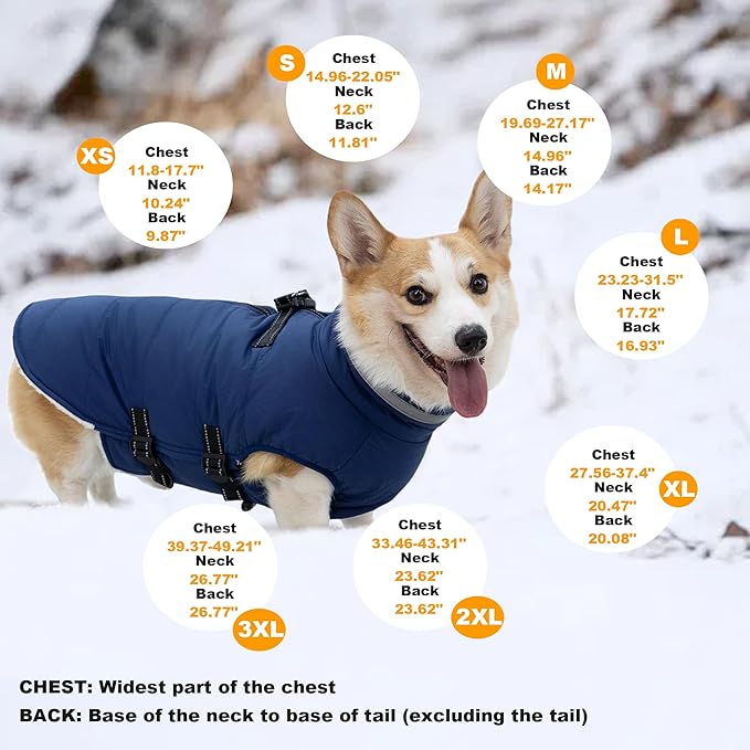 Large Dog Coat with Harness Built-in, Waterproof Reflective Fleece Lined - Warm Windproof Winter Jacket with Back Zipper, Cold Weather Snow Dog Coats - Blue - 3XL