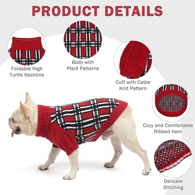 SCENEREAL Turtleneck Dog Sweater for Small Medium Large Dogs Girls Boys, Christmas Plaid Pullover Puppy Sweatershirt, Dogs Cold Weather Outfit Clothes, Ideal Gift for Pet in New Year, Red Plaid M