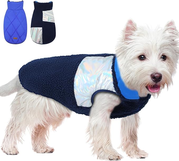 EMUST Small Dog Coat, Reversible Winter Jacket Coats for Small Dogs, Fuzzy Pet Apparel Vest for Small Medium Dogs, Royal Blue, S