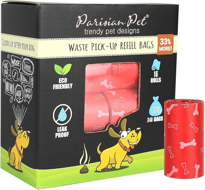 Parisian Pet Ecofriendly Dog Poop Bags Rolls - 320 Count Unscented Poop Bags For Dogs - Leakproof, Extra Thick, 16 Dog Waste Bags Refill Rolls - Printed Bones Red Doggie Poop Bags