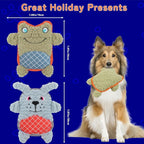 Crinkle Dog Toys Squeaky Plush No Stuffing Cute Puppy Stuffless Tough Rop Pull Toy, Fun Dog Stuffed Animals Durable Chew Set for Small Medium Large Pup (Large, Green Frog+Blue Dog)