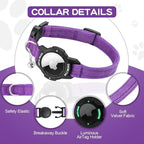 Luminous AirTag Cat Collar Breakaway, OUCWLTAG GPS Cat Collar with Apple Air Tag Holder, Cat Tracker Collars with Safety Elastic Band for Girl Boy Cats, Kittens and Puppies (Purple, 7-10 Inch)