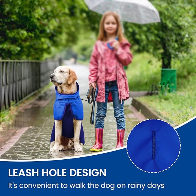 BRKURLEG Dog Raincoat Adjustable Dog Rain Jacket with Hood Dogs Waterproof Rainproof Jacket with Leash Hole Pet Poncho Rain Coat Poncho with Reflective Strip, Blue, L