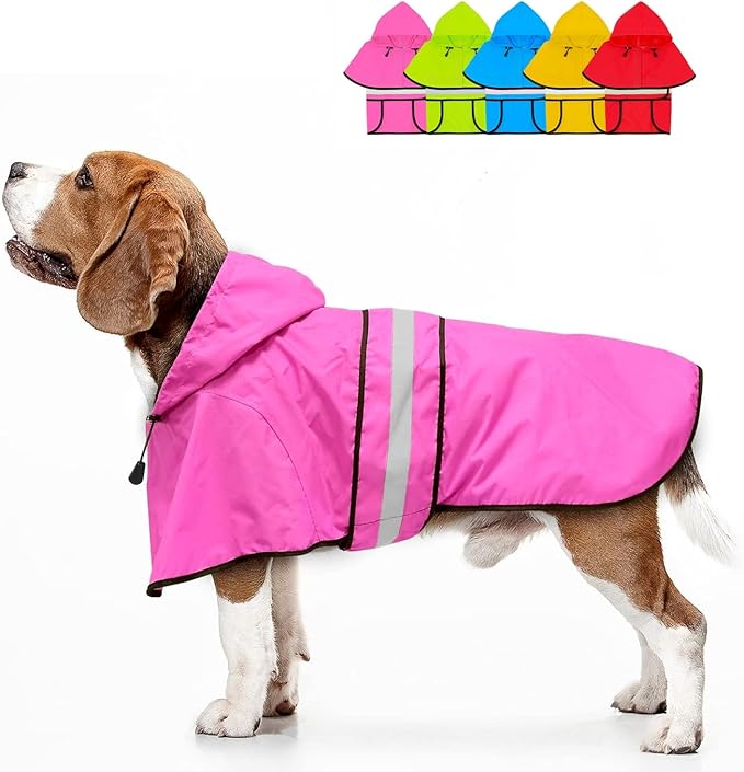 Fashion Hooded Dog Raincoat - Reflective Dog Rain Jacket Adjustable Puppy Raincoats Lightweight Pet Rain Coat for Small Dogs (Small, Pink)