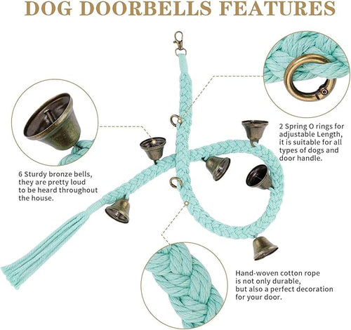2 Pack Dog Bells for Door Potty Training, Handwoven Cotton Rope Dog Doorbell with 6 Extra Loud Bells, Adjustable Dog Door Bells for Small Medium Large Dogs to Ring to Go Outside, LightGreen