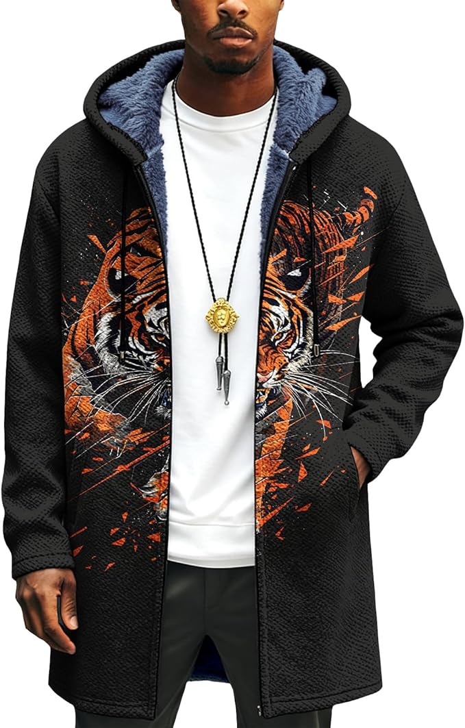 Mens Long Cardigan Hoodies Full Zip Fleece Lined Jackets Fashion Knitted Color Block Hooded Coat with Pockets