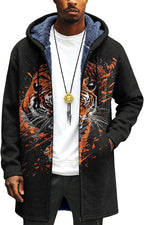 Mens Long Cardigan Hoodies Full Zip Fleece Lined Jackets Fashion Knitted Color Block Hooded Coat with Pockets