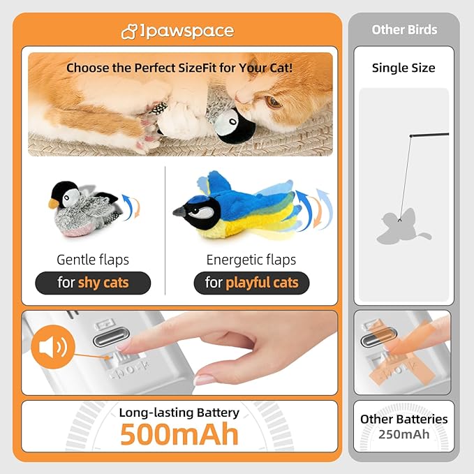 Interactive Flapping Bird Cat Toy with Catnip, Touch Activated Rechargeable, Musical Sound (can Turn Off), Satisfy Cat's Natural Huting Instinct, Soft Plush Washable Cover (Red)