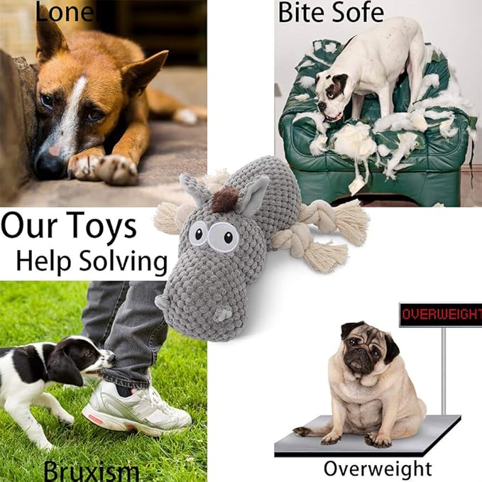 Stuffed Dog Toys, Tug of War Plush Dog Toy for Large Breed, Cute Animal Squeaky Dog Toys with Crinkle Paper, Dog Chew Toys for Puppy, Small, Middle, Big Dogs (Grey, Donkey)