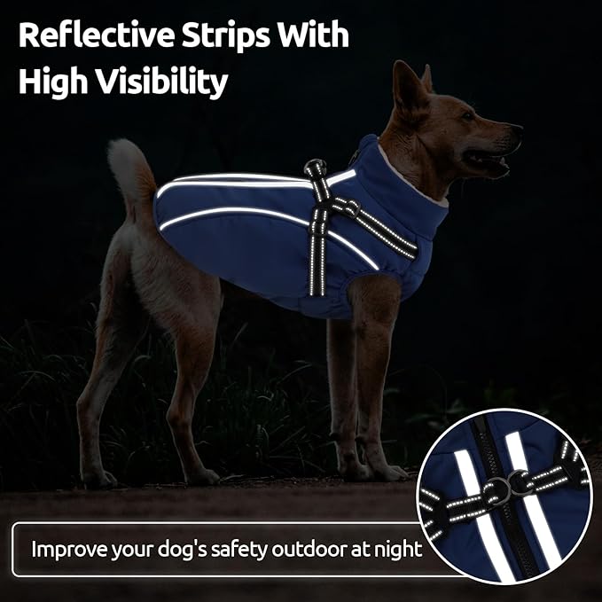 Dog Winter Coat with Harness Built in Warm Puffer Dog Jackets for Small Medium Large Dogs Windproof Waterproof Outfit with Plush Lining and Reflective Stripes (Blue, L)