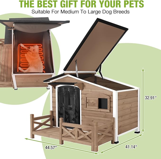 GUTINNEEN Heated Dog House Outdoor Dog Kennel with Safe Heated Pad, Chew-Proof Metal Frame and Rotating Food Bowl for Small to Medium Dogs, 44.6" L x 41.1" W x 32.9“H (Dark Brown)