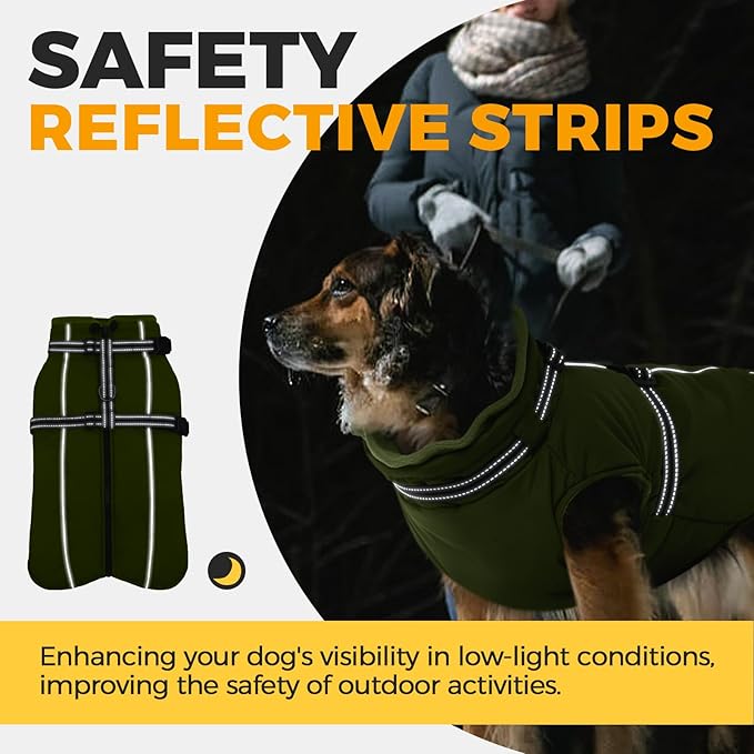 Lelepet Dog Coat for Large Dogs Waterproof Dog Jacket with Harness Built in Reflective Fleece Jacket with Zip Warm Winter Coats for Dogs Thermal Pet Snowsuit for Outdoor, Border Collie, Army Green, XL