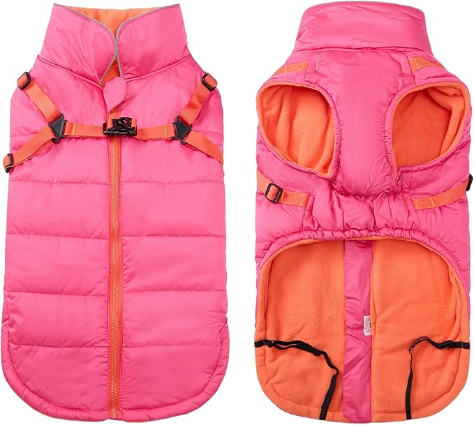 Geyecete Winter Warm Coat Waterproof Dog Winter Jacket with Harness Traction Belt,Windproof Pet Outdoor Jacket-Pink-L