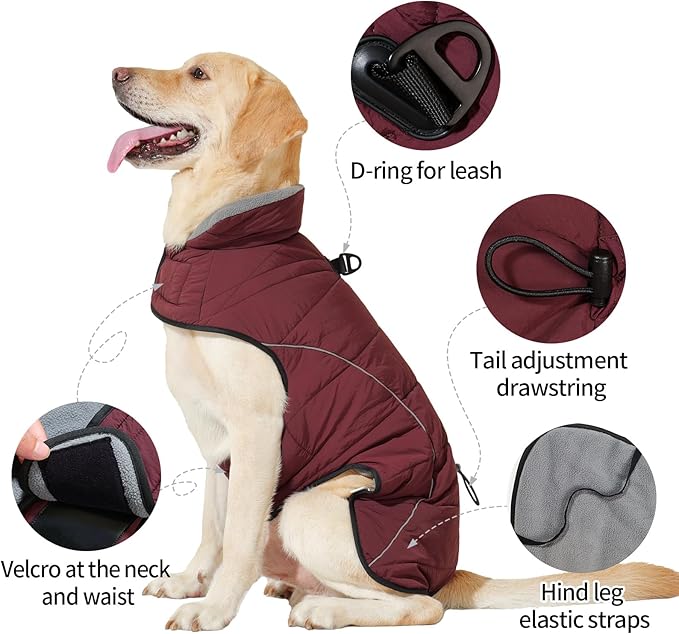 HEYWEAN Dog Winter Coat - Waterproof Windproof Reflective Vest for Medium & Large Breeds Adjustable Warm FleeceLined Jacket with Magic Tape & D-Ring for Leash Cold Weather Apparel (Red, Large)