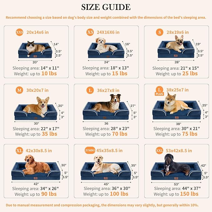 Comfort Expression Orthopedic Dog Bed for Extra Large Dogs 53x42 Inch, Waterproof Egg Crate Foam XXL Pet Bed with Removable Bolsters, Dog Couch with Washable Cover & Non-Slip Bottom, Navy Blue