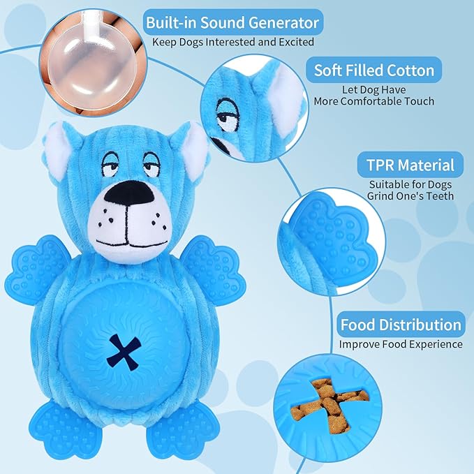 Interactive Dog Toys, Plush Dog Toy with Treat Dispensing Ball, Squeaky Dog Toy with Cute Plastic Paws for Playing,Slow Eat Hiding Food Enrichment Toy for Small & Medium Breeds (Blue)