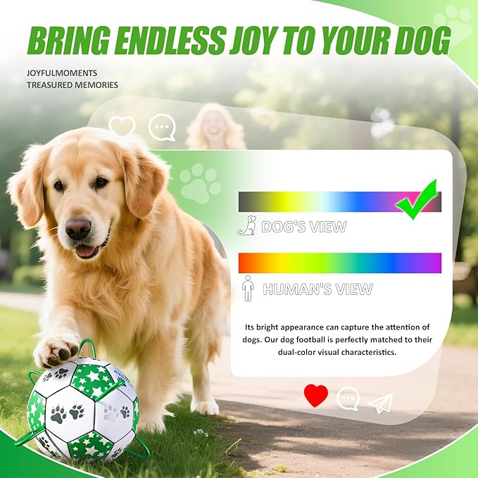 Size 3 Interactive Dog Football with Strap, White & Green, Eye-Catching Star and Paw Print Design, Ideal Outdoor Training Pet Toy, Perfect Choice for Medium & Large Dogs' Playtime