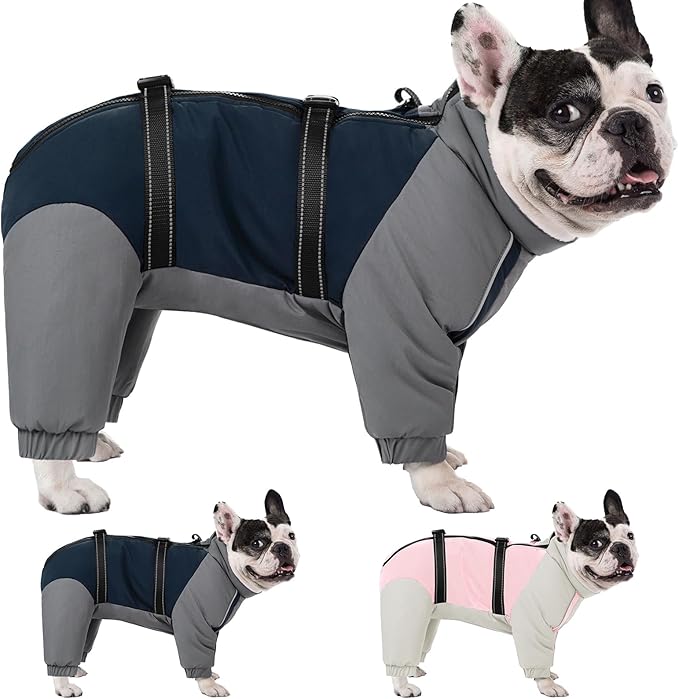 KOESON Four Legged Winter Dog Jacket with Adjustable Buckles, Turtleneck Windproof Fleece Jacket, Reflective Fullbody Puffer Coat Blue Grey M
