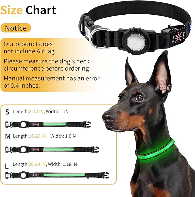 AirTag Dog Collar with QR Code & LED Light, IP68 Waterproof Rechargeable LED Pet Collar with Reflective Strips, Durable Airtag Holder for Medium/Large Dogs, DIY Pet Information(Green, M(16-20 in))