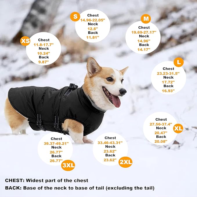Dog Coat with Harness Built-in, Waterproof Reflective Fleece Lined - Warm Windproof Winter Jacket with Back Zipper, Cold Weather Snow Dog Coats - Black - L
