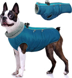 IDOMIK Warm Dog Coat with Harness, Waterproof Reflective Dog Jackets for Small Medium Large Dogs, Fleece High Collar Winter Jacket with Zipper, Pet Winter Snowsuit Clothes for Cold Weather,Blue S