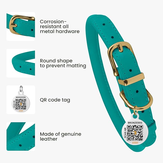 BronzeDog Rolled Leather Dog Collar with QR ID Tag, Adjustable Soft Round Collars for Small Medium Large Dogs Puppy (7" - 10" Neck Size, Turquoise)