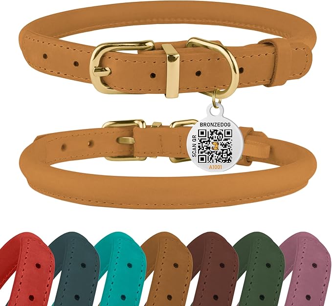 BronzeDog Rolled Leather Dog Collar with QR ID Tag, Adjustable Soft Round Collars for Small Medium Large Dogs Puppy (14" - 16" Neck Size, Mustard)