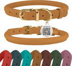BronzeDog Rolled Leather Dog Collar with QR ID Tag, Adjustable Soft Round Collars for Small Medium Large Dogs Puppy (14" - 16" Neck Size, Mustard)