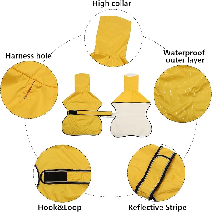 Dog Raincoat with Reflective Bar, Rain/Water Resistant, Adjustable Vest - Dog Raincoats for Greyhounds, Lurchers and Whippets - Yellow - M