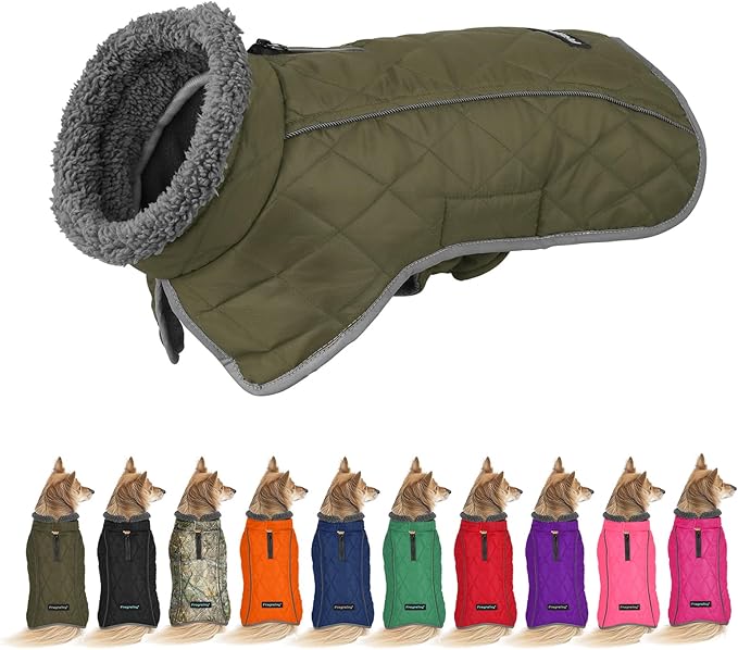 Fragralley Dog Coat Small, Waterproof Dog Jacket with Warm Fleece Lining, Adjustable Reflective Dogs Winter Coat, Turtleneck Pet Coats for Cold Weather ArmyGreen S