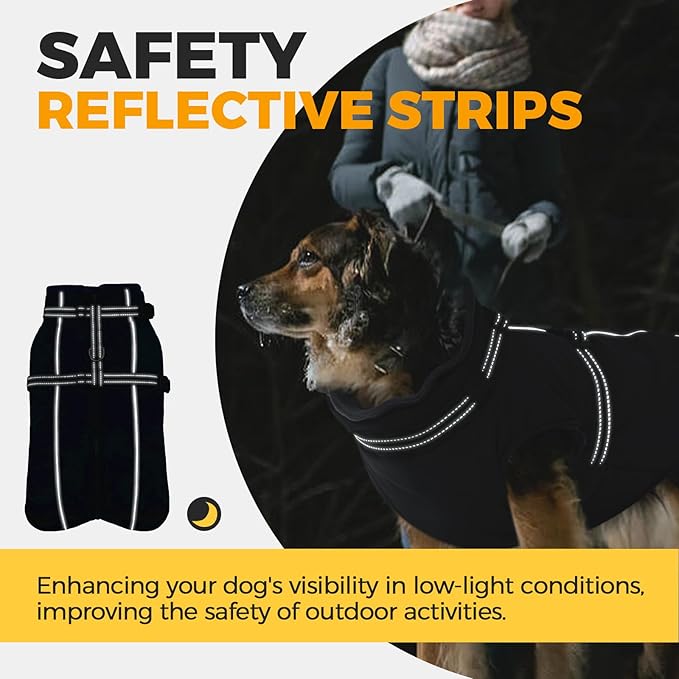 Lelepet Dog Coat with Harness Built in, Waterproof Dog Jacket for Large Dogs Reflective Winter Jacket with Zip Warm Cold Weather Coats for Dogs,Turtleneck Pet Snowsuit, Great Dane, Black, XXXL
