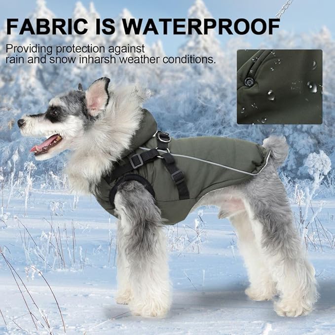 PINA Dog Winter Coat - Waterproof Jacket with Faux Fur Hood, Reflective Strap for Small to Large Dogs, Green, 2XL