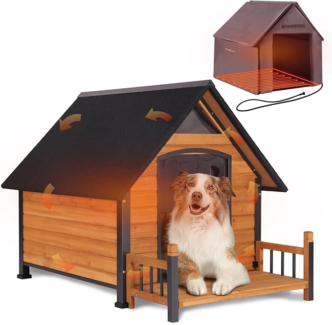 AIVITUVIN Heated Outdoor Dog House with Anti-Chewing Iron Surround Insulated Liner Dog Kennel for Large Breed Dog Shelter Weatherproof (Brown 50.9" D x 37.4" W x 37.2" H)
