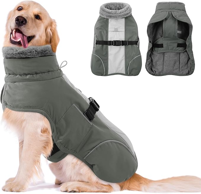 Queenmore Dog Cold Weather Coats, Fleece Collar Pet Apparel for Cold Weather, Dog Snowsuit, Cozy Winter Dogs Jackets Winter with Quick Release, Grey, XXL
