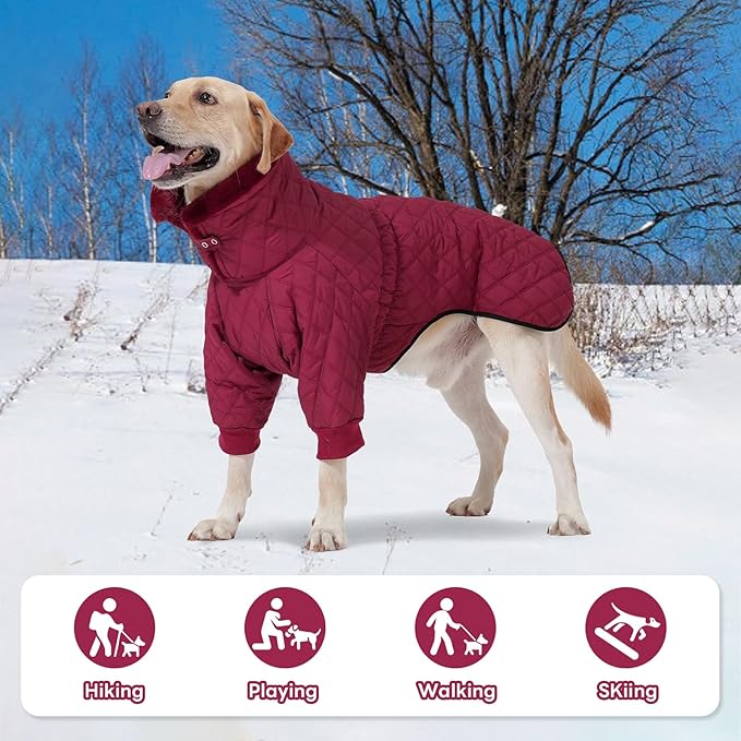 IDOMIK Dog Winter Coat for Large Dogs, Warm Dog Winter Jacket with Fleece High Collar, Zippered Cold Weather Coats for Dogs, Waterproof Doggy Snow Jacket Clothes,WineRed,XL