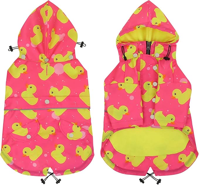 HDE Dog Raincoat Poncho Double Layer Zip Rain Jacket with Removable Hood, Leash Hole for Small to 3XL Dogs and Puppies Ducks Pink - S