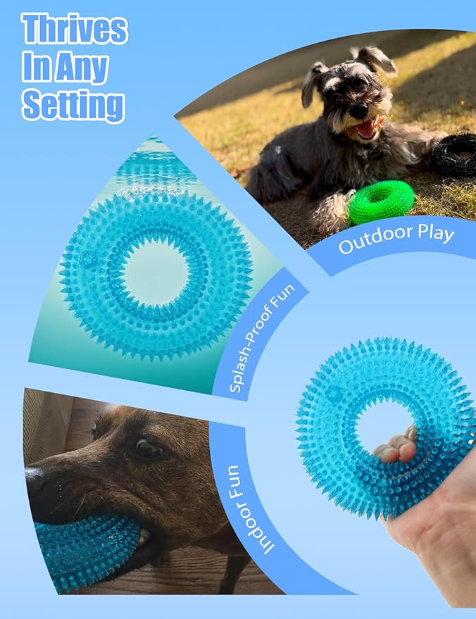 ADUCK Dog Squeaky Chew Toys for Aggressive Chewers, Small Medium Large Dogs Teeth Cleaning Soft Natural Rubber Float Toy for Indoor Outdoor Water Pool, Donut Ring Design 4.92 inch, Crystal Blue