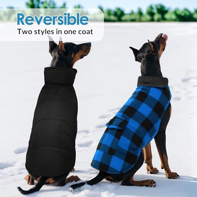 ASENKU Dog Winter Coat, Fleece Doggie Jacket Plaid Reversible Vest Waterproof Windproof Cold Weather Clothes for Small Medium Large Dogs (M, Blue)