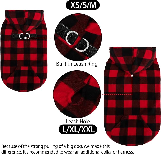EXPAWLORER Dog Hoodie Fleece Sweater Vest, Plaid Dog Sweatshirt Fall Winter Pet Clothes with Leash Hole, Sleeveless Warm Cozy Puppy Clothing for Cat Small Medium Large Dogs Girl Boy, Checkered XXL