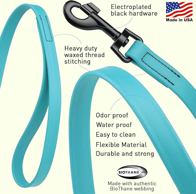Dogline Biothane Waterproof Dog Leash Strong Coated Nylon Webbing with Black Hardware Odor-Proof Easy to Clean High Performance for Small or Large Dogs Made in USA 2 ft Lead, Sky Blue