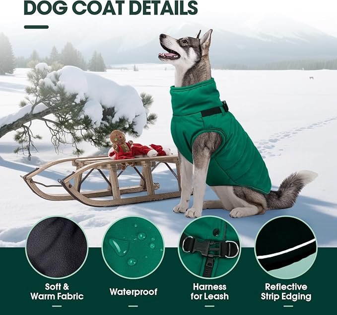 Kuoser Dog Coat, Dog Jackets for Large Dogs, Doggie Winter Coat for Cold Weather, Warm Snow Jacket Pet Apparel Clothes for Great Dane, Green XXXL
