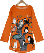 Womens Tunic Shirt Cute Cat Print Long Sleeve Round Neck Women T Shirts Cotton Casual Plus Size Vacation Tunics Tops