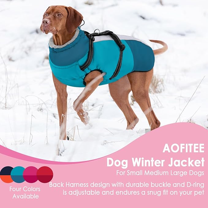 AOFITEE Small Dog Coat, Waterproof Dog Winter Jacket with Harness Built in, Warm Fleece Lined Dogs Jacket for Cold Weather, Reflective Pet Snow Jackets with Zipper for Yorkshire, Schnauzer,Turquoise S
