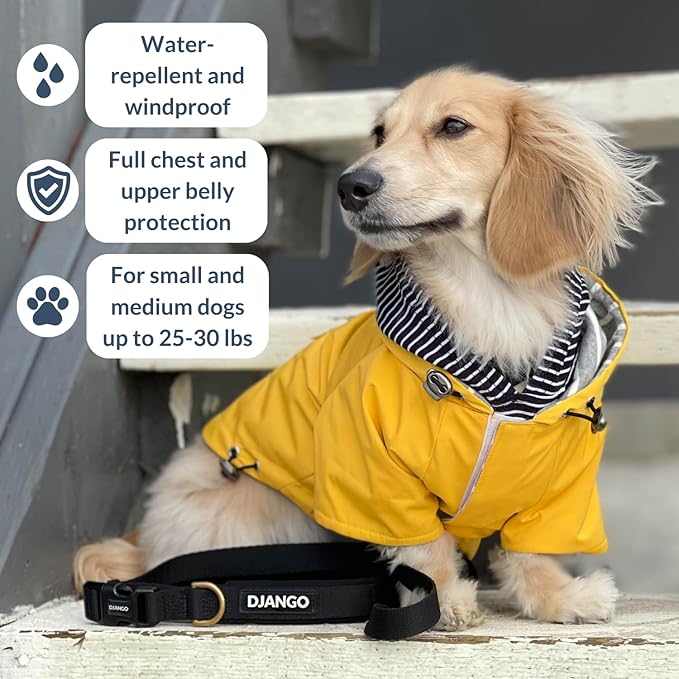 DJANGO Highland Dog Jacket & Raincoat – Water-Repellent, Lined Dog Coat with Hood, Adjustable Fit & Harness Hole – Lightweight Rain & Wind Jacket for Small & Medium Dogs up to 30 lbs (Yellow, Large)
