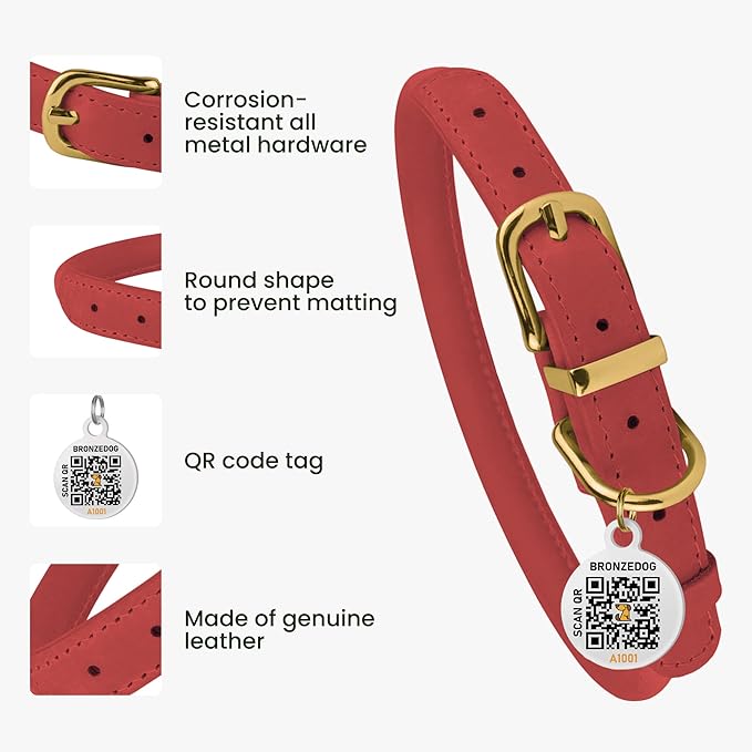 BronzeDog Rolled Leather Dog Collar with QR ID Tag, Adjustable Soft Round Collars for Small Medium Large Dogs Puppy (14" - 16" Neck Size, Coral Pink)