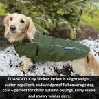 DJANGO Dog Jacket & Raincoat – Lightweight Water-Resistant Coat for Small, Medium & Long Dogs Like Dachshunds – Reflective, Adjustable Fit, Harness-Compatible & Easy-Access Harness Hole - Green, Large