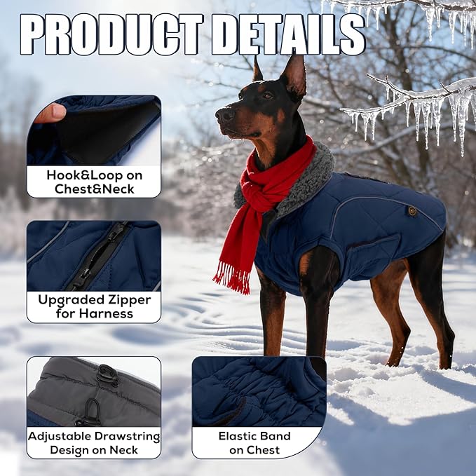 EMUST Dog Jacket Polyester Winter Coat for Medium Large Dogs, Reflective Vest with Zipper, Warm for Cold Weather, Dark Blue, L